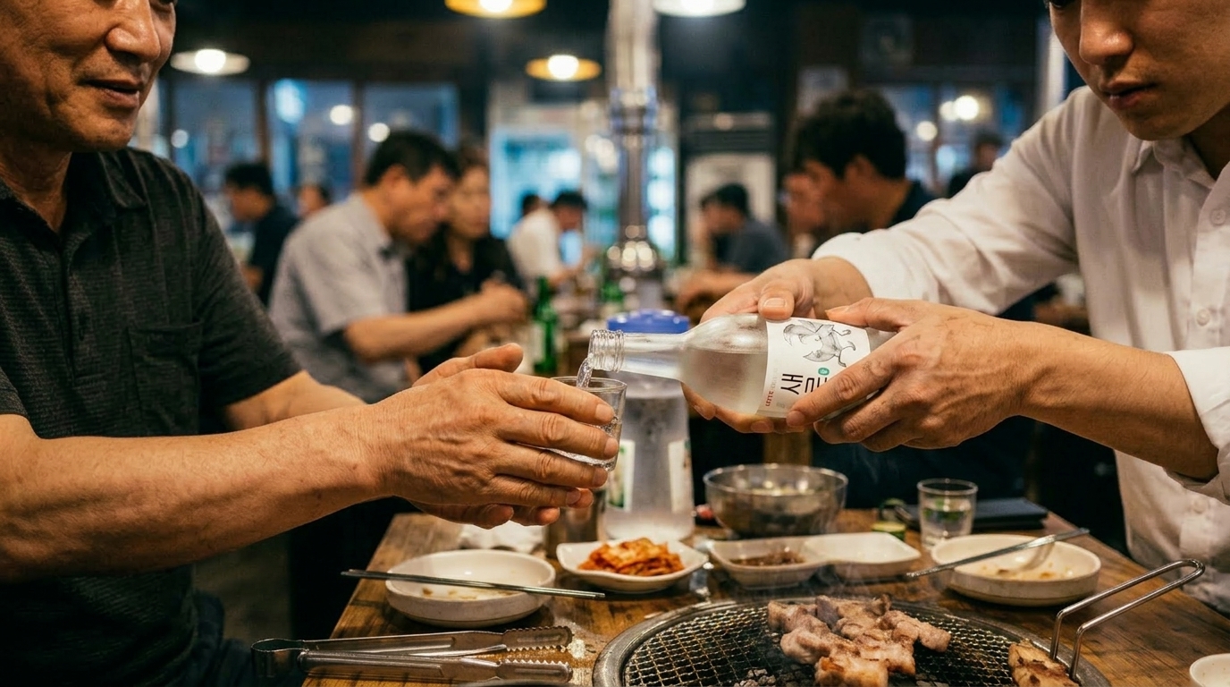Service du soju à deux mains au cours d’un repas