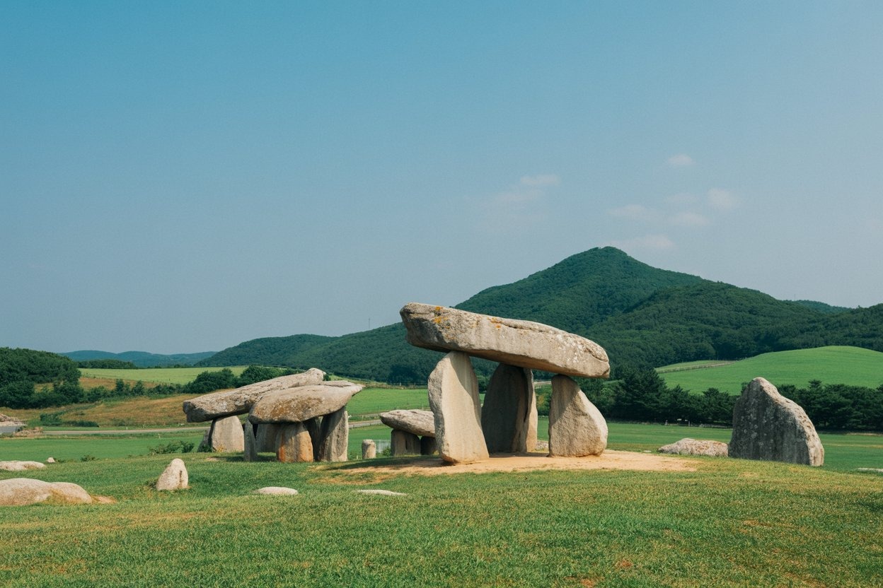 Dolmens de Gochang dans un paysage de collines et de prairies