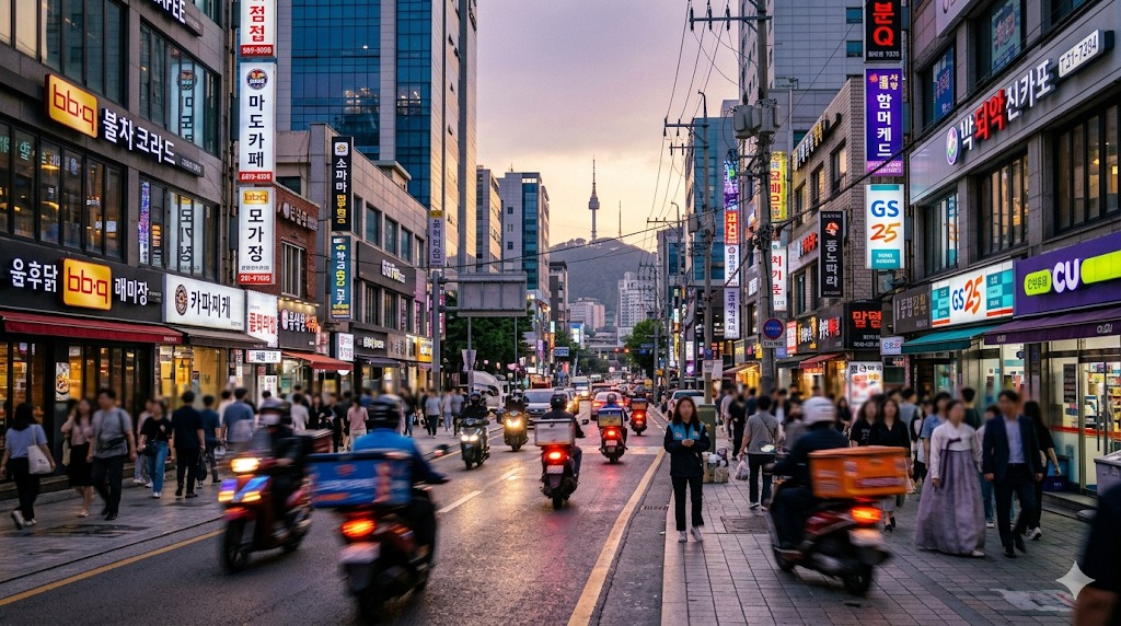 Rue animée de Séoul au crépuscule, avec scooters, circulation, piétons et enseignes lumineuses