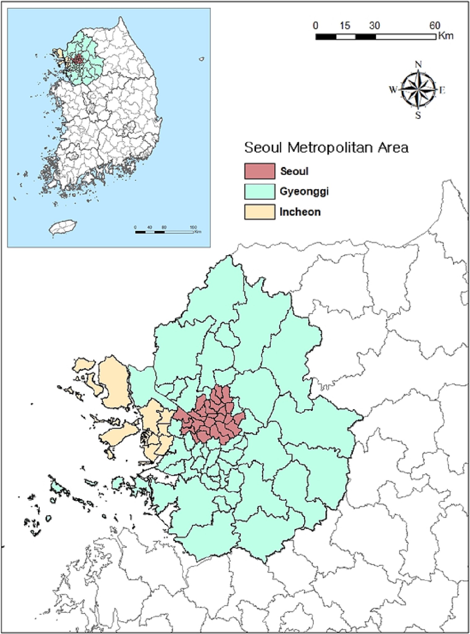 Carte de la région capitale sud-coréenne montrant Séoul, Gyeonggi et Incheon dans l'ensemble du pays